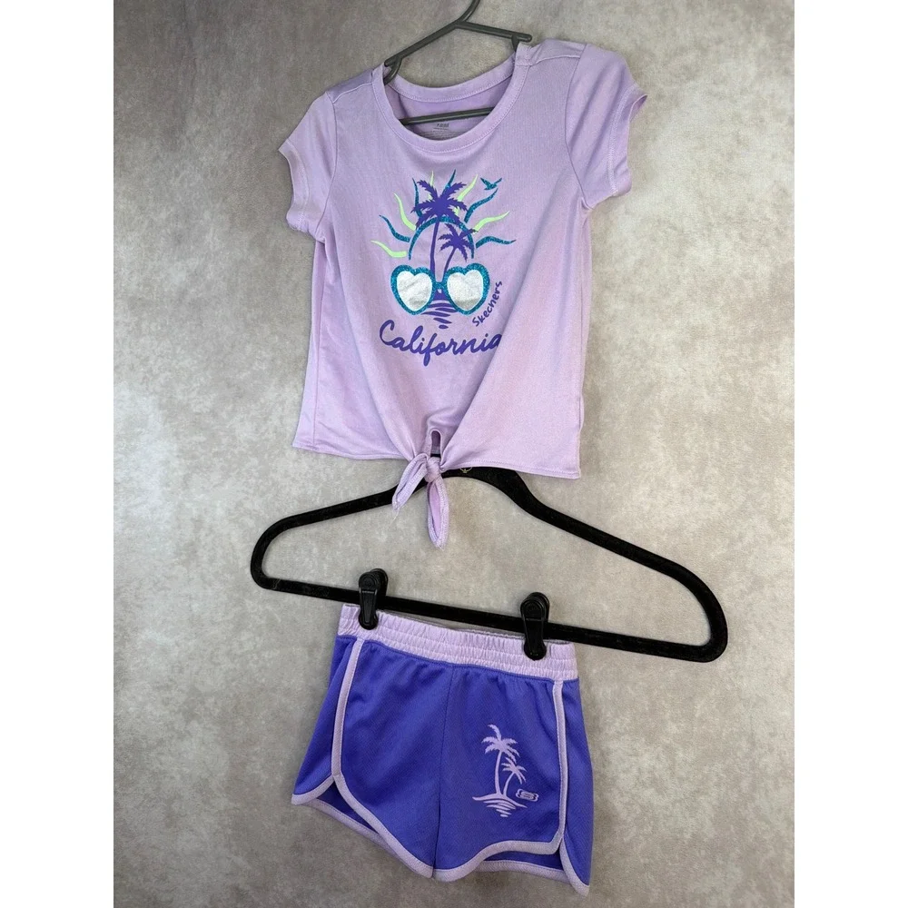 Skechers Short Set Girls 18M Purple California Palm Tree Tie Front Mesh 2PC